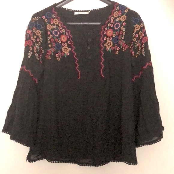 Tops - Beautiful black blouse with bright floral accents